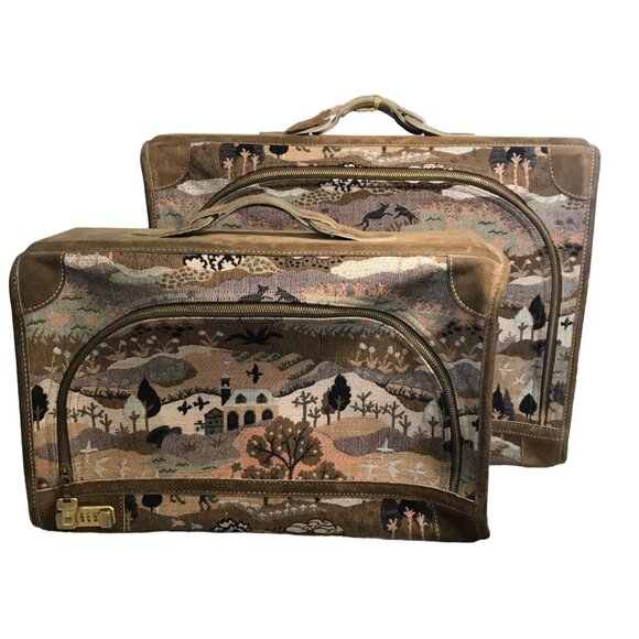 Vtg French Luggage Co Tapestry Brown Suede Luggage Set Countryside with Unicorn - Picture 1 of 16